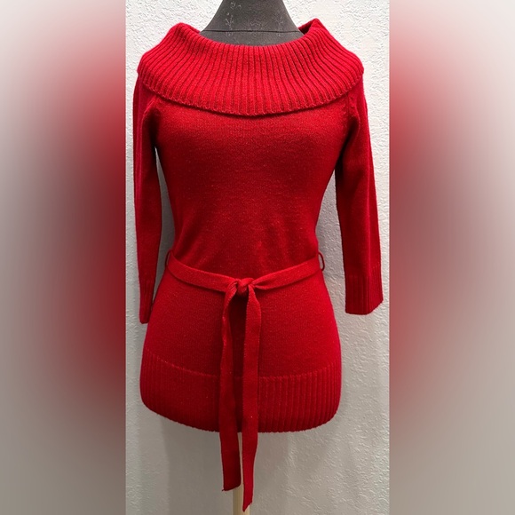 Women’s Red Sparkle Off Shoulder/Cowl Neck 3/4 Sleeves Tunic Sweater w/Belt - Picture 3 of 7